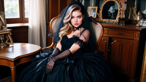 Mistress Olivia seated in a gothic black gown, exuding calm, calculated dominance in a rich, vintage setting.