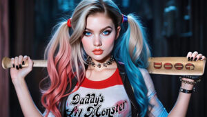 Fierce female avatar dressed as Harley Quinn, holding a baseball bat with a seductive but dangerous stare — playful power with a bite.