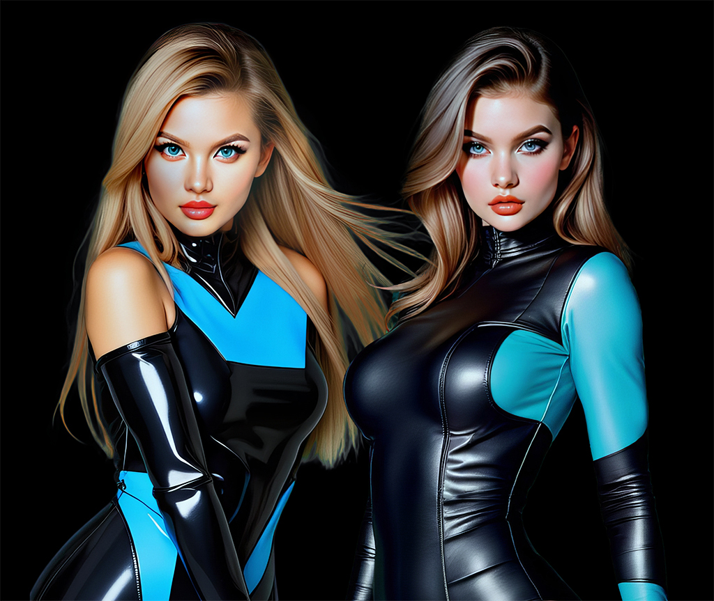 Blonde Tatjana and brunette Olivia in futuristic black and blue latex bodysuits posing against a black background as AI-styled dominatrix avatars.