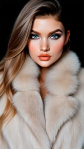 Close-up portrait of dominatrix Olivia in a luxurious cream-colored fur coat, staring intensely with piercing blue eyes and peach-toned lips.