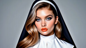 Olivia dressed as a nun in a white habit and black veil, staring intensely with bold makeup and flowing blonde hair visible beneath the veil.