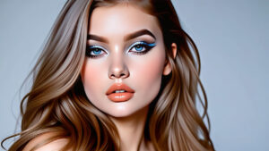 Close-up portrait of Olivia with piercing blue eyeliner and hypnotic stare of control.