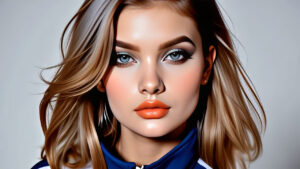 Close-up of Olivia wearing a blue and white tracksuit jacket, with windblown hair and a piercing stare against a soft gray background.