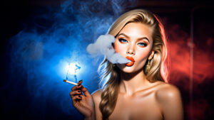 Tatjana smoking confidently with red and blue lighting in the background, blowing smoke with a seductive gaze and golden earrings.